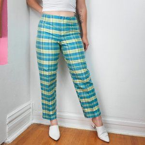 Vintage Y2K Gap Blue & Green Plaid Print Silk Trousers